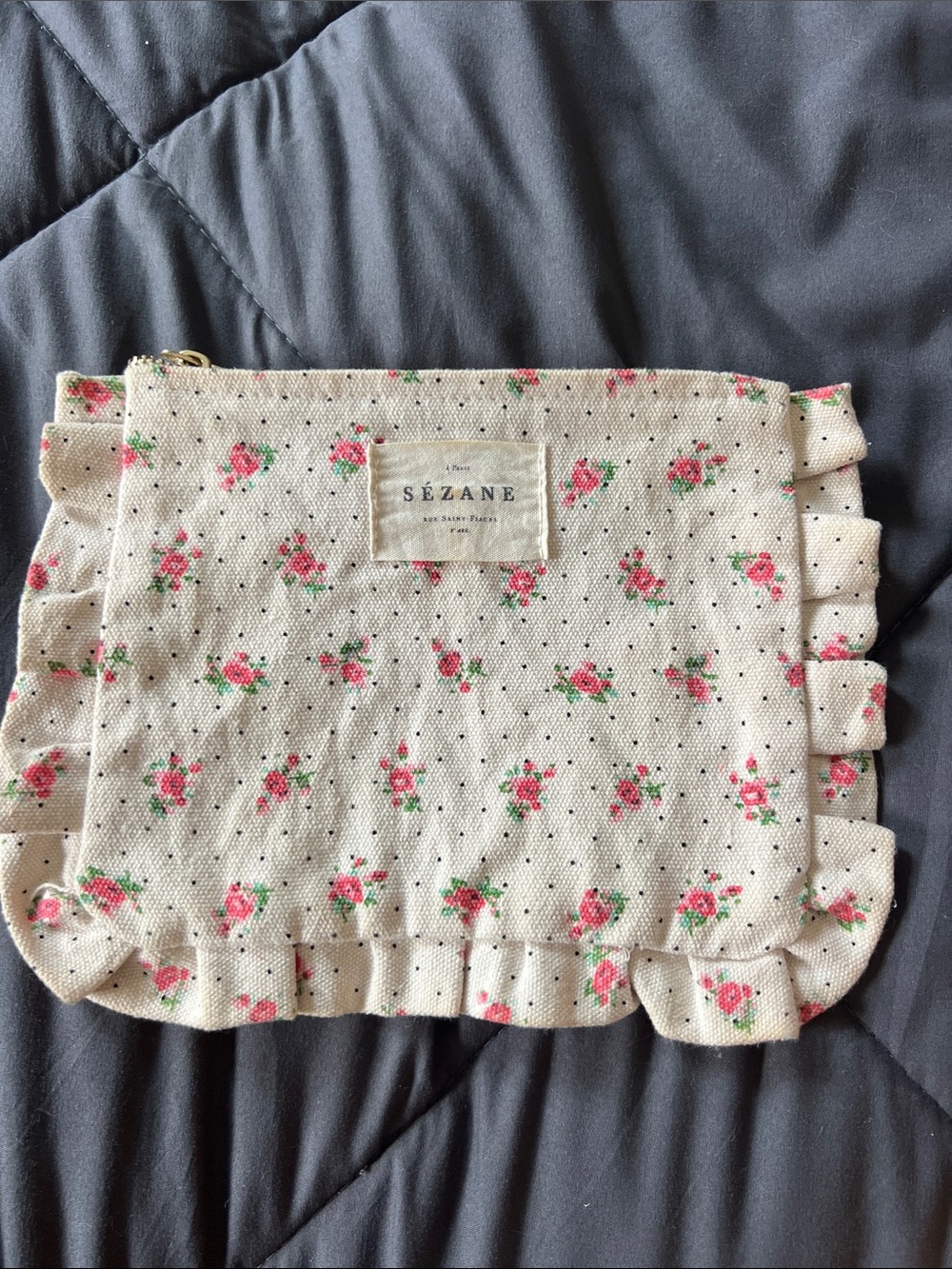 Sézane Floral Ruffle Canvas Pouch in Cream and Pink 8x6.5